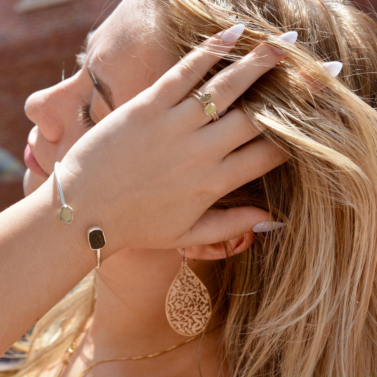 Moldavite & Libyan Desert Glass Open Bangle Bracelet