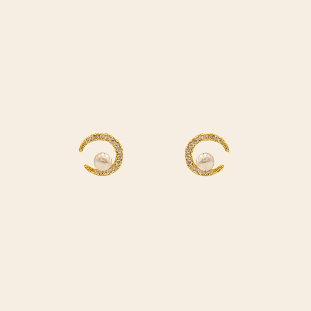 Crescent Moon & Pearl Earrings - Gold