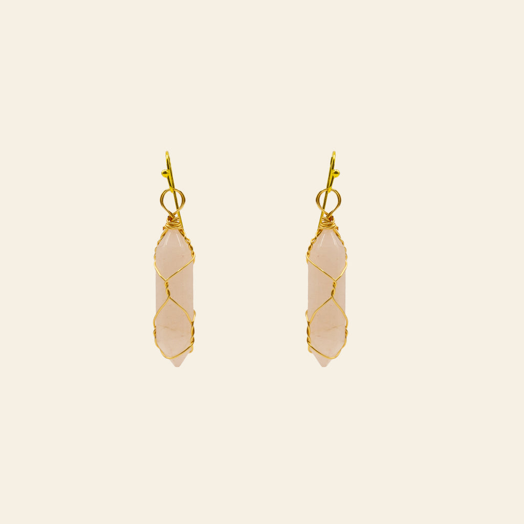 Wire Wrapped Crystal Point Earrings - Gold