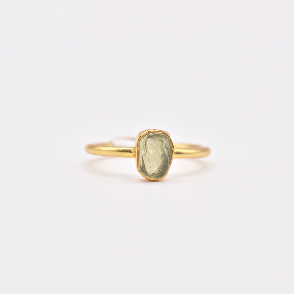 Dainty Bezel Set Rough Cut Moldavite Ring - Vermeil Gold