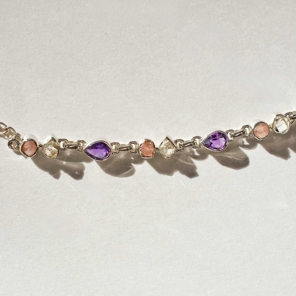 Luminous Stations Necklace - Amethyst, Rose Quartz, and Herkimer Diamond