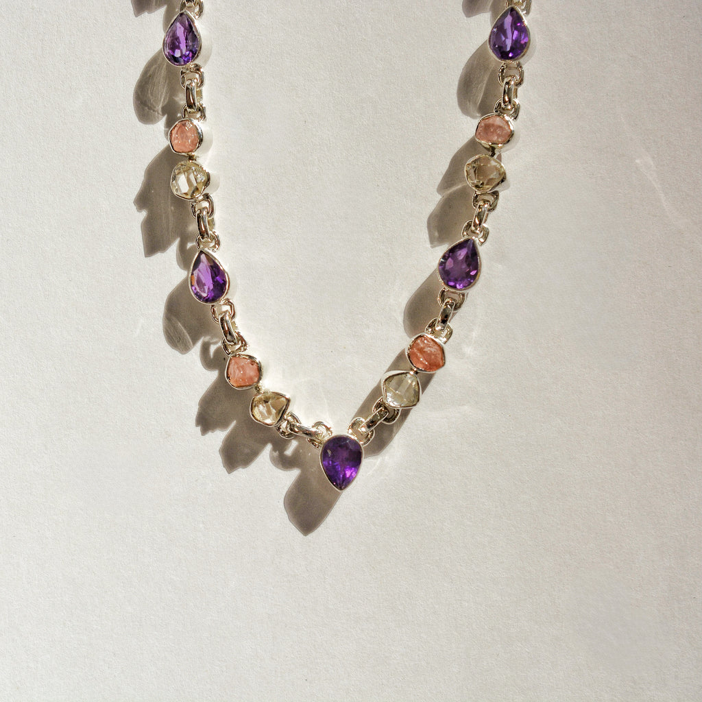Luminous Stations Necklace - Amethyst, Rose Quartz, and Herkimer Diamond