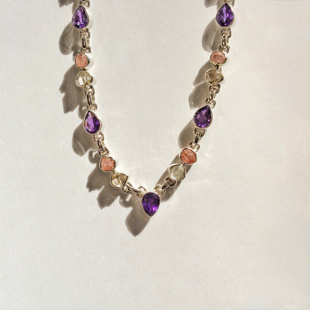 Luminous Stations Necklace - Amethyst, Rose Quartz, and Herkimer Diamond