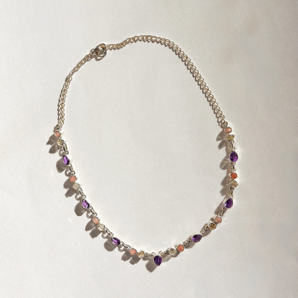 Luminous Stations Necklace - Amethyst, Rose Quartz, and Herkimer Diamond
