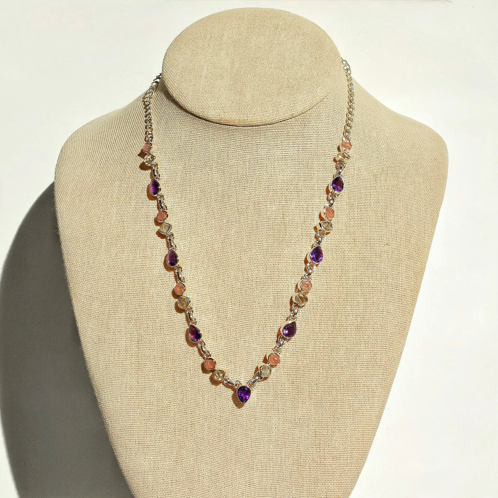 Luminous Stations Necklace - Amethyst, Rose Quartz, and Herkimer Diamond