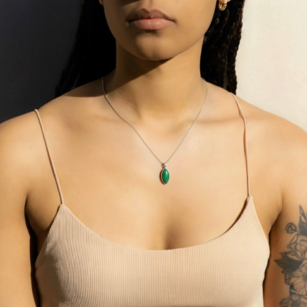Bezel Set Polished Malachite Necklace