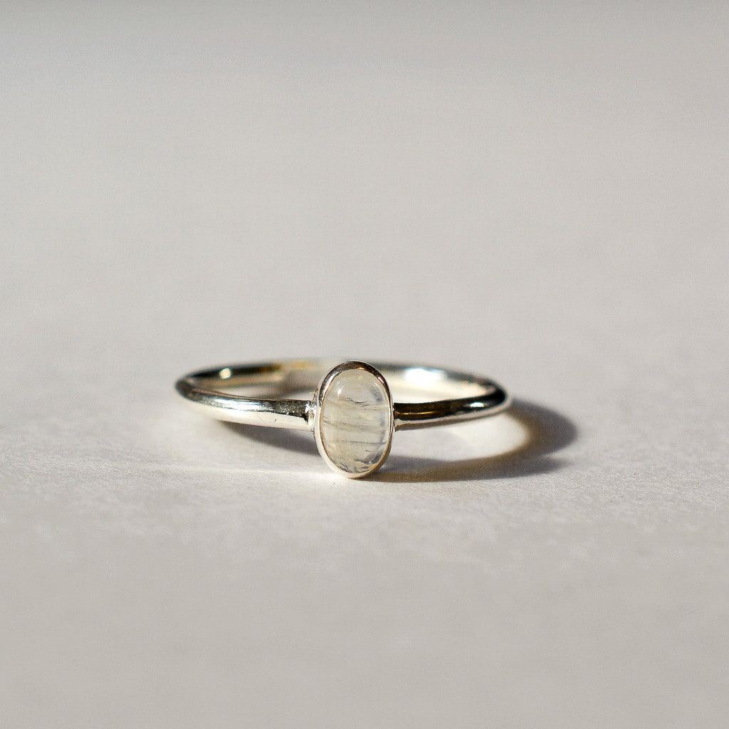 Bezel Set Polished Rainbow Moonstone Ring