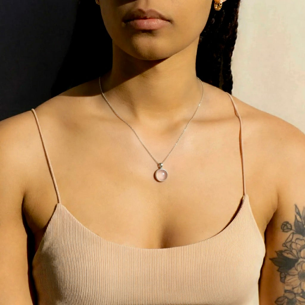 Bezel Set Polished Rose Quartz Necklace