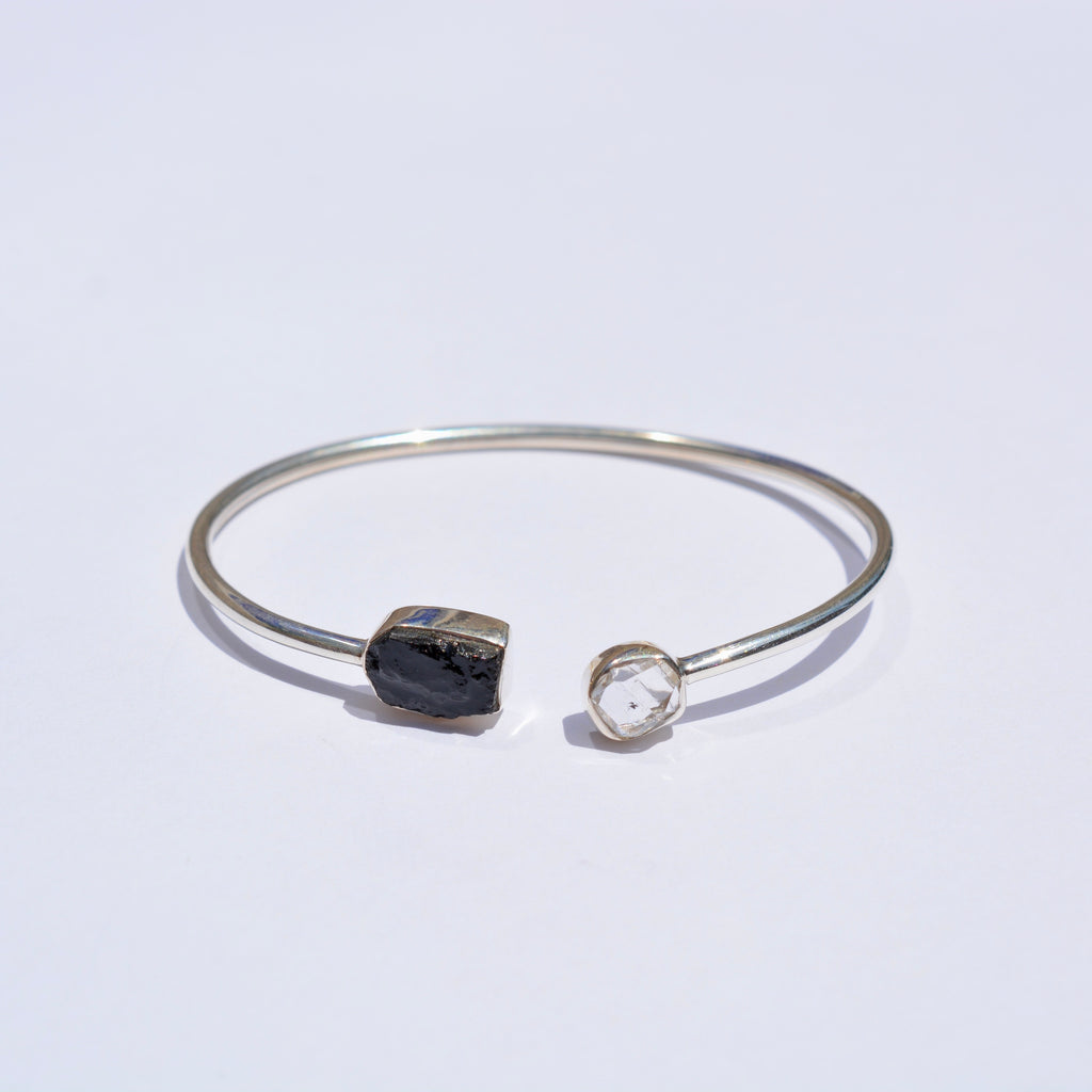 Black Tourmaline and Herkimer Diamond Open Bangle Bracelet