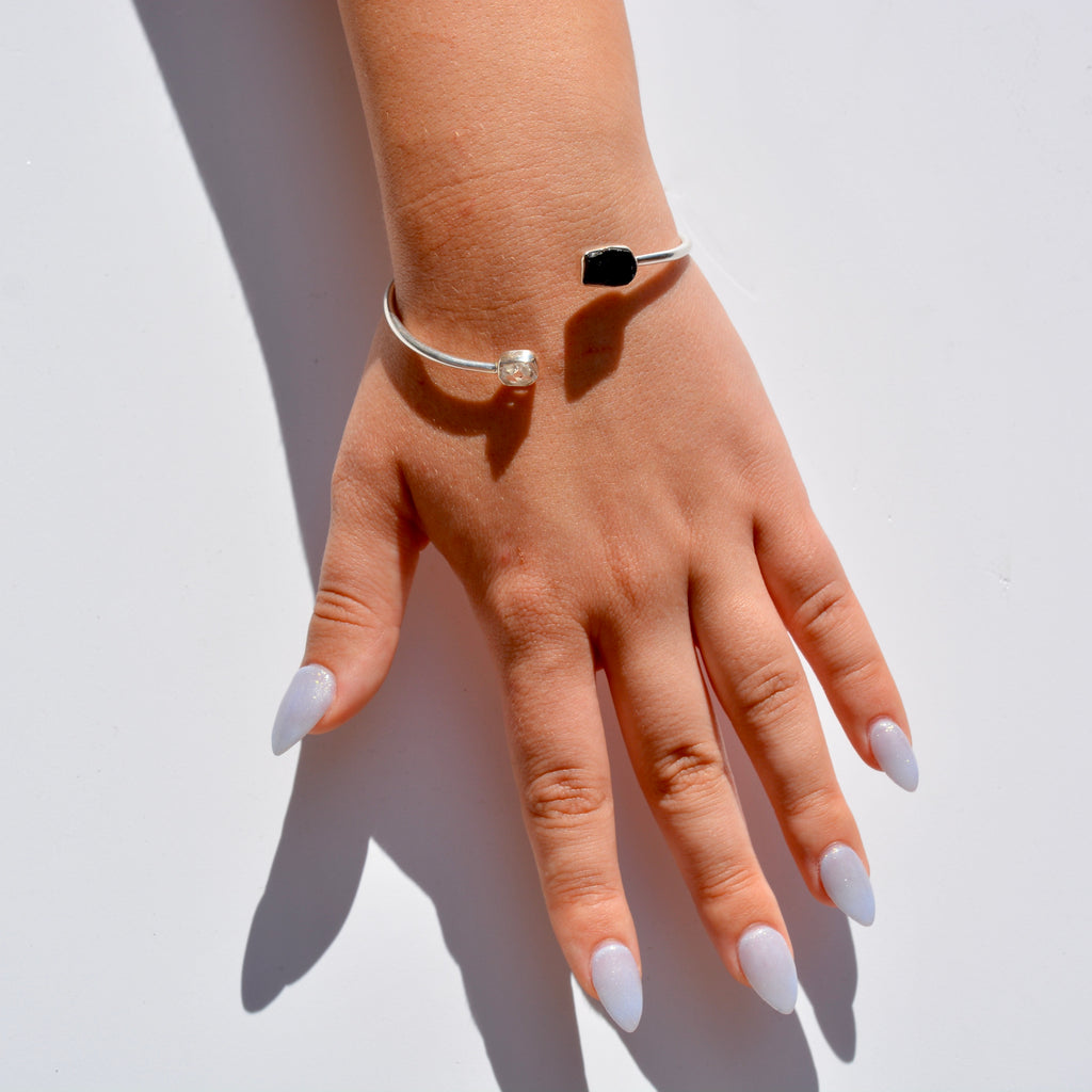 Black Tourmaline and Herkimer Diamond Open Bangle Bracelet