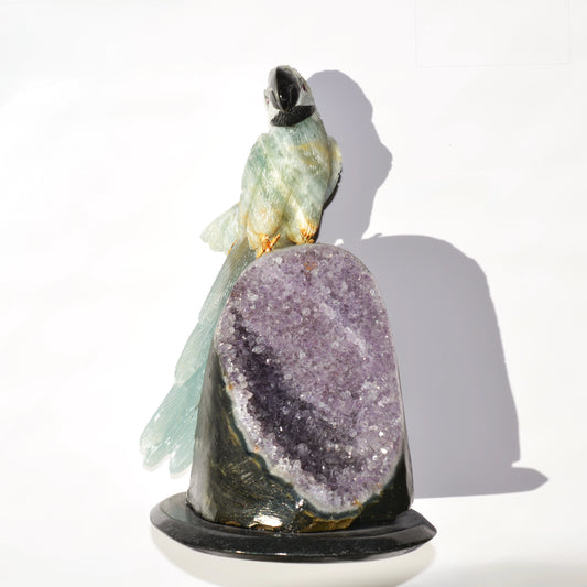 Sacred Wings Collection - Blue Lemurian Quartz Parrot on Amethyst