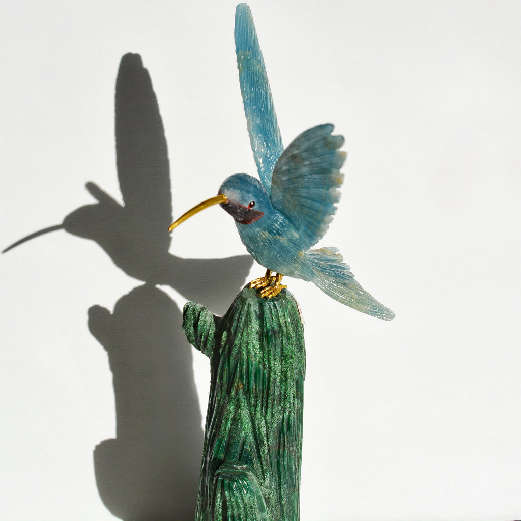 Sacred Wings Collection - Blue Lemurian Quartz Hummingbird on Moss Agate