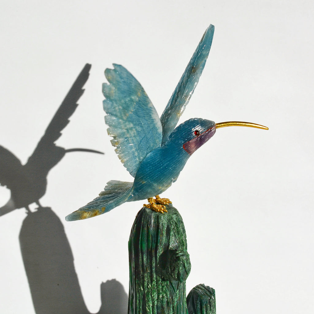 Sacred Wings Collection - Blue Lemurian Quartz Hummingbird on Moss Agate