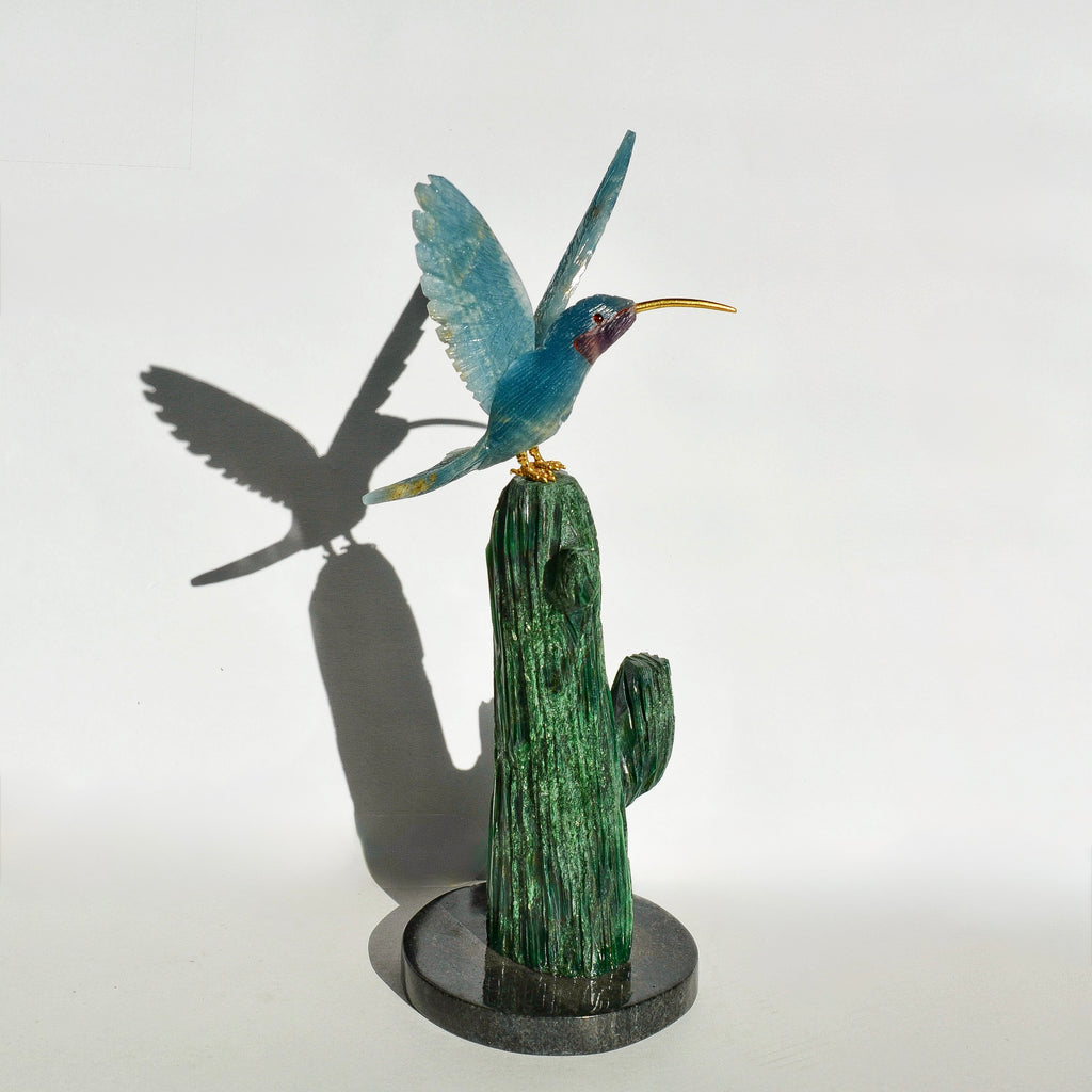 Sacred Wings Collection - Blue Lemurian Quartz Hummingbird on Moss Agate