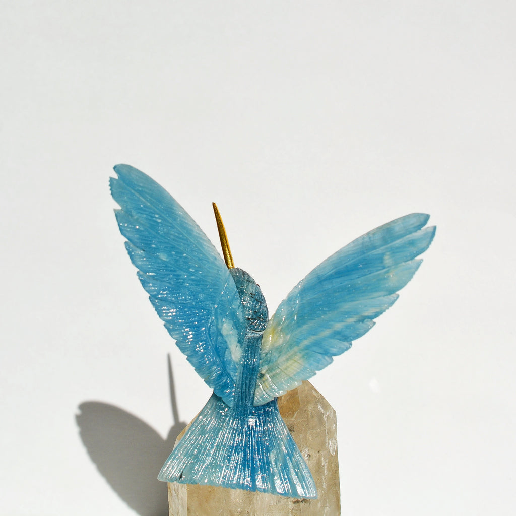 Sacred Wings Collection - Blue Lemurian Quartz Hummingbird on Quartz