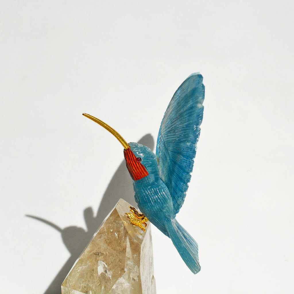Sacred Wings Collection - Blue Lemurian Quartz Hummingbird on Quartz