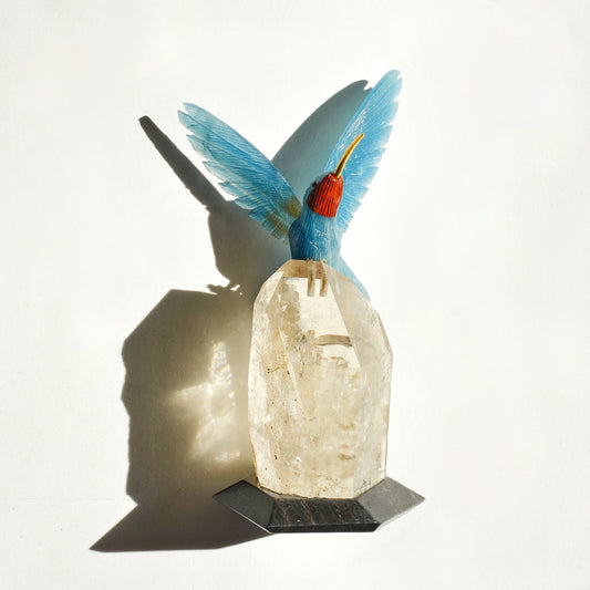 Sacred Wings Collection - Blue Lemurian Quartz Hummingbird on Quartz