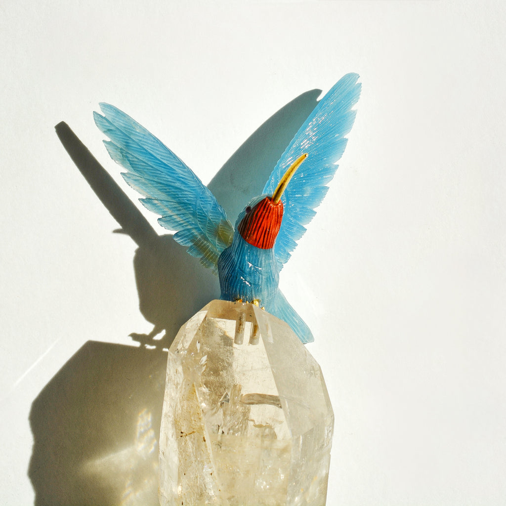 Sacred Wings Collection - Blue Lemurian Quartz Hummingbird on Quartz
