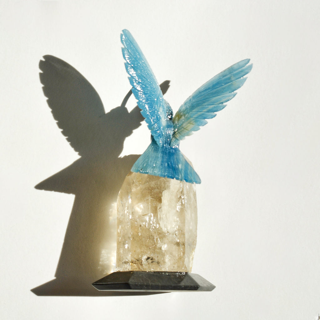 Sacred Wings Collection - Blue Lemurian Quartz Hummingbird on Quartz