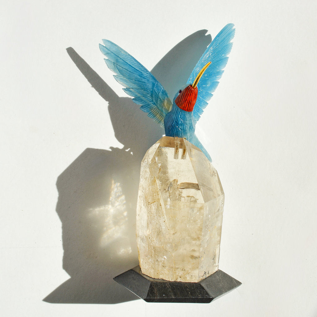 Sacred Wings Collection - Blue Lemurian Quartz Hummingbird on Quartz