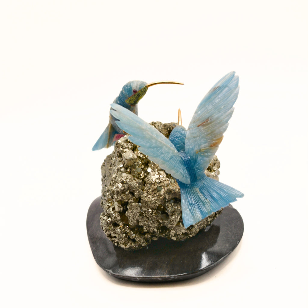 Sacred Wings Collection - Blue Lemurian Quartz Hummingbirds on Pyrite