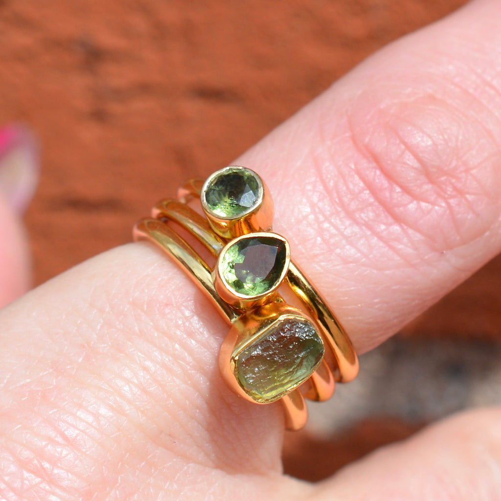 Dainty Bezel Set Faceted Moldavite Ring - Vermeil Gold