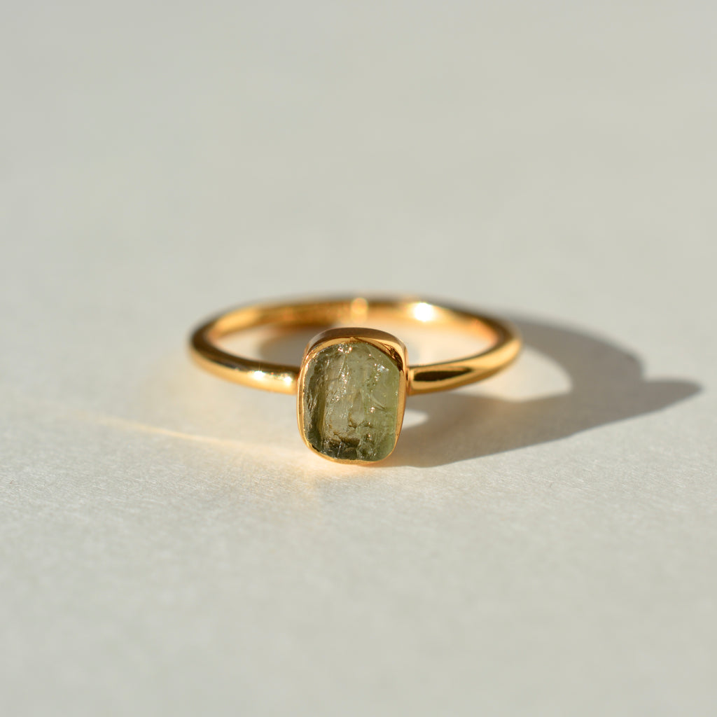 Dainty Bezel Set Rough Cut Moldavite Ring - Vermeil Gold