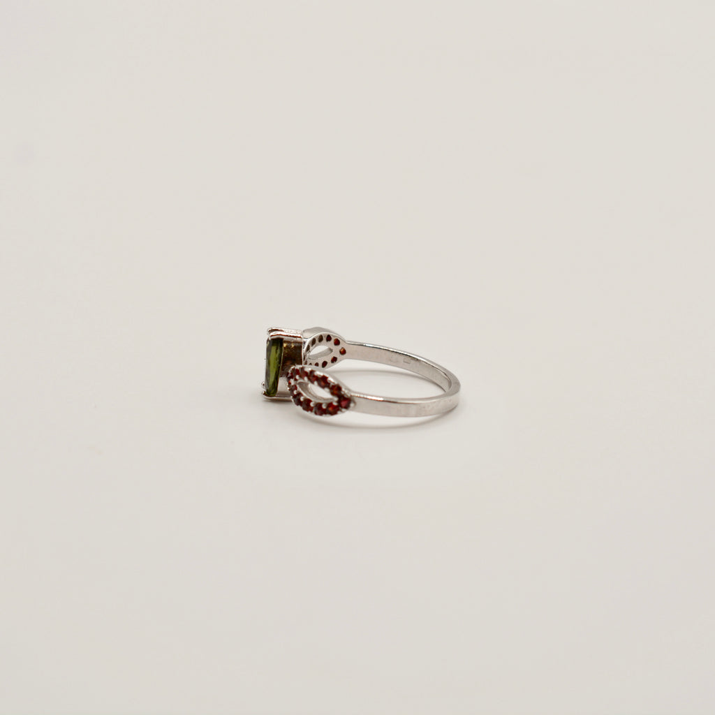 Moldavite and Garnet Ring