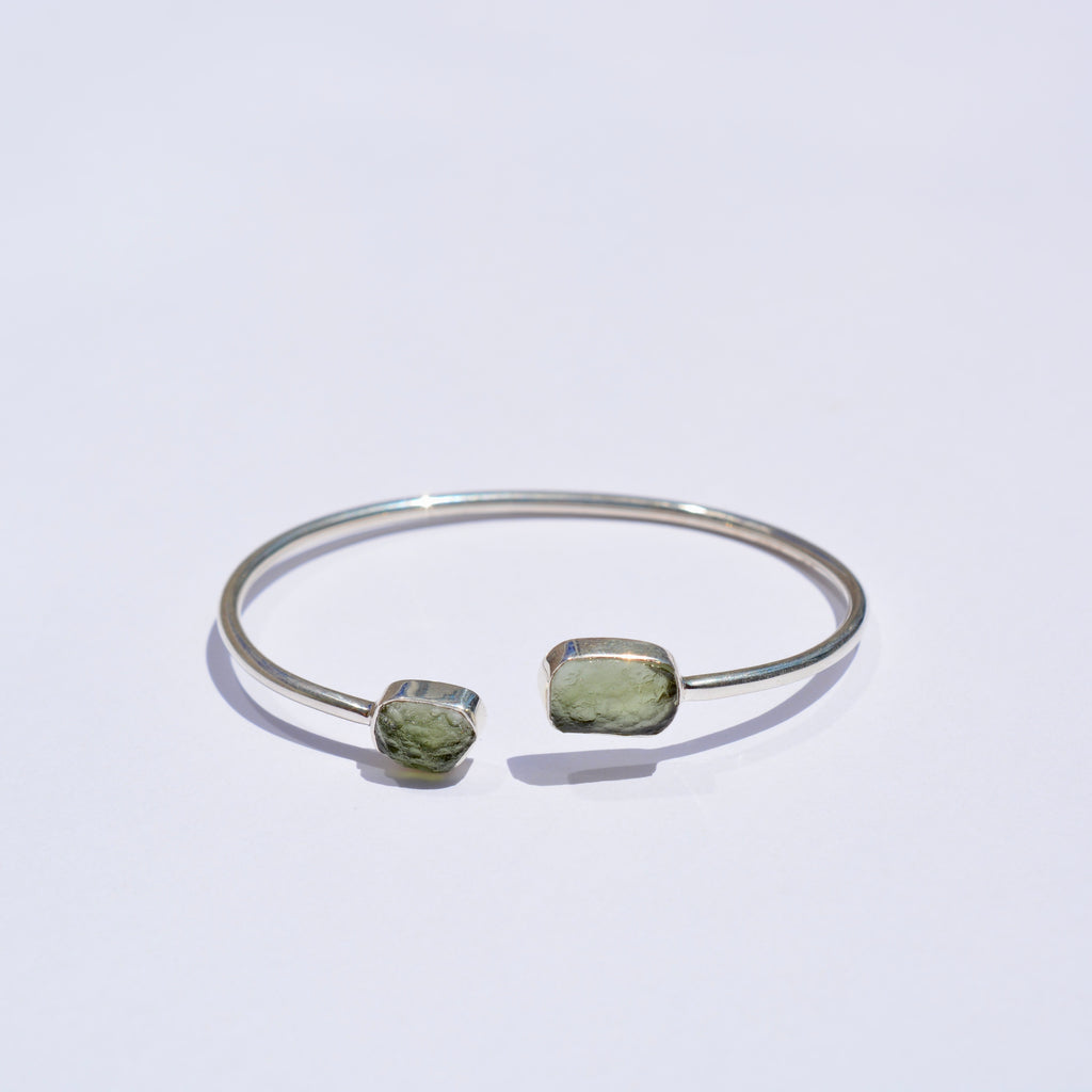 Double Moldavite Open Bangle Bracelet