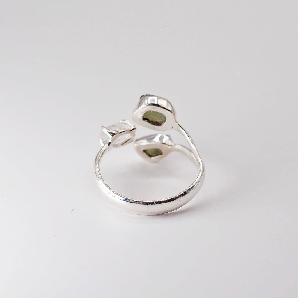 Double Moldavite & Herkimer Bypass Ring