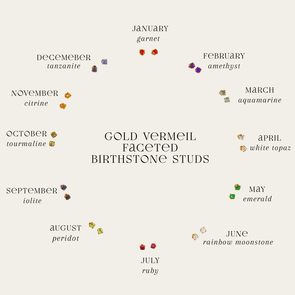Chart of gold vermeil faceted birthstone studs with corresponding months and gemstones.
