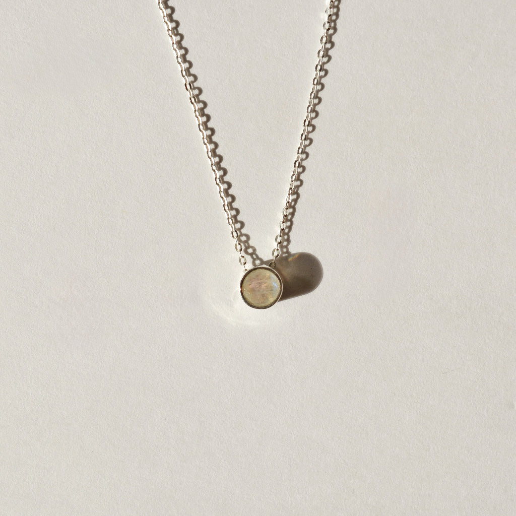 Faceted Bezel Set Rainbow Moonstone Necklace