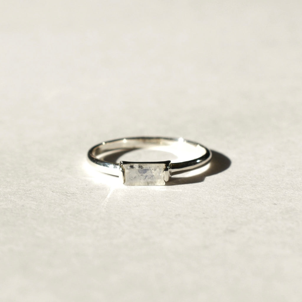Faceted Rainbow Moonstone Baguette Ring