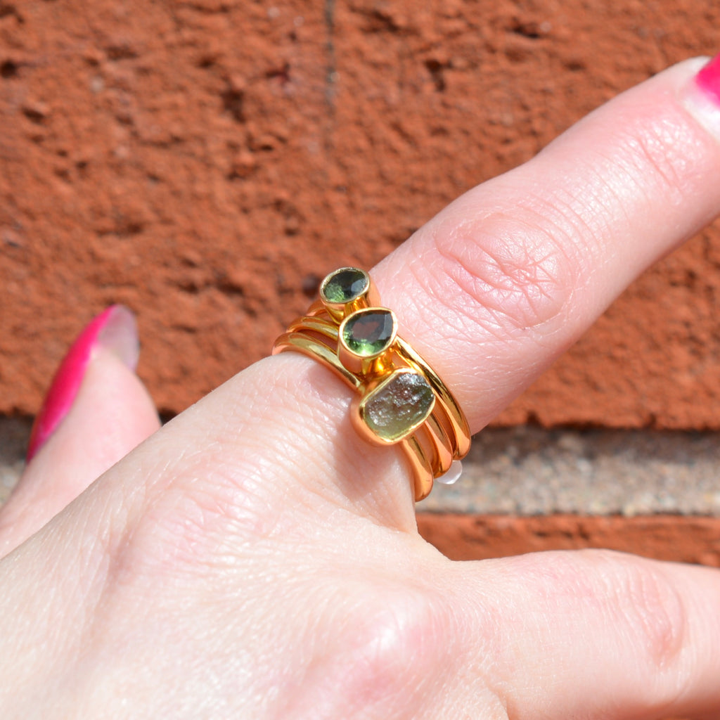 Dainty Bezel Set Rough Cut Moldavite Ring - Vermeil Gold