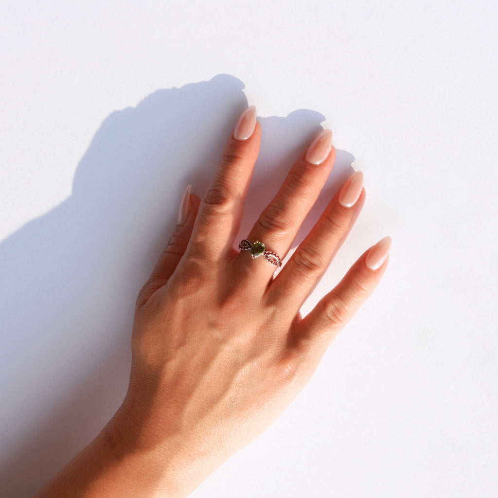 Moldavite and Garnet Ring