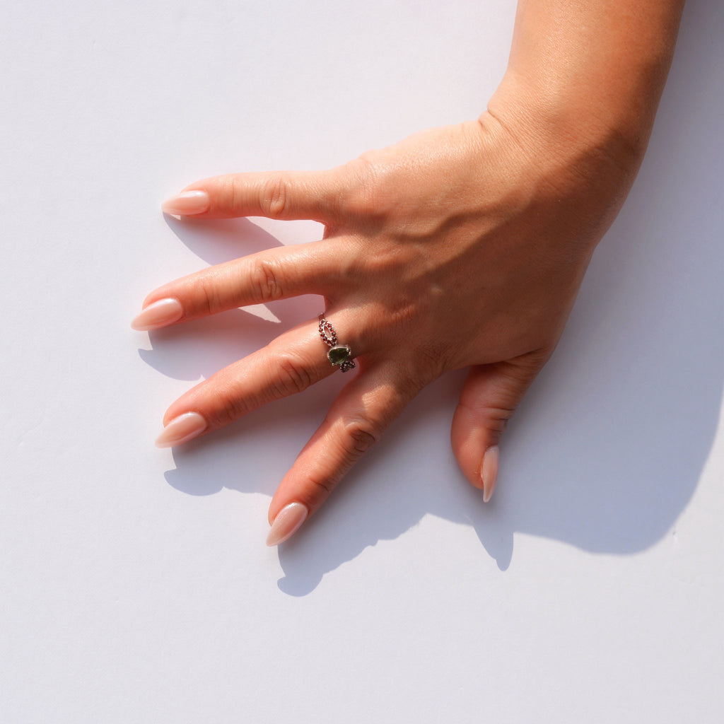 Moldavite and Garnet Ring