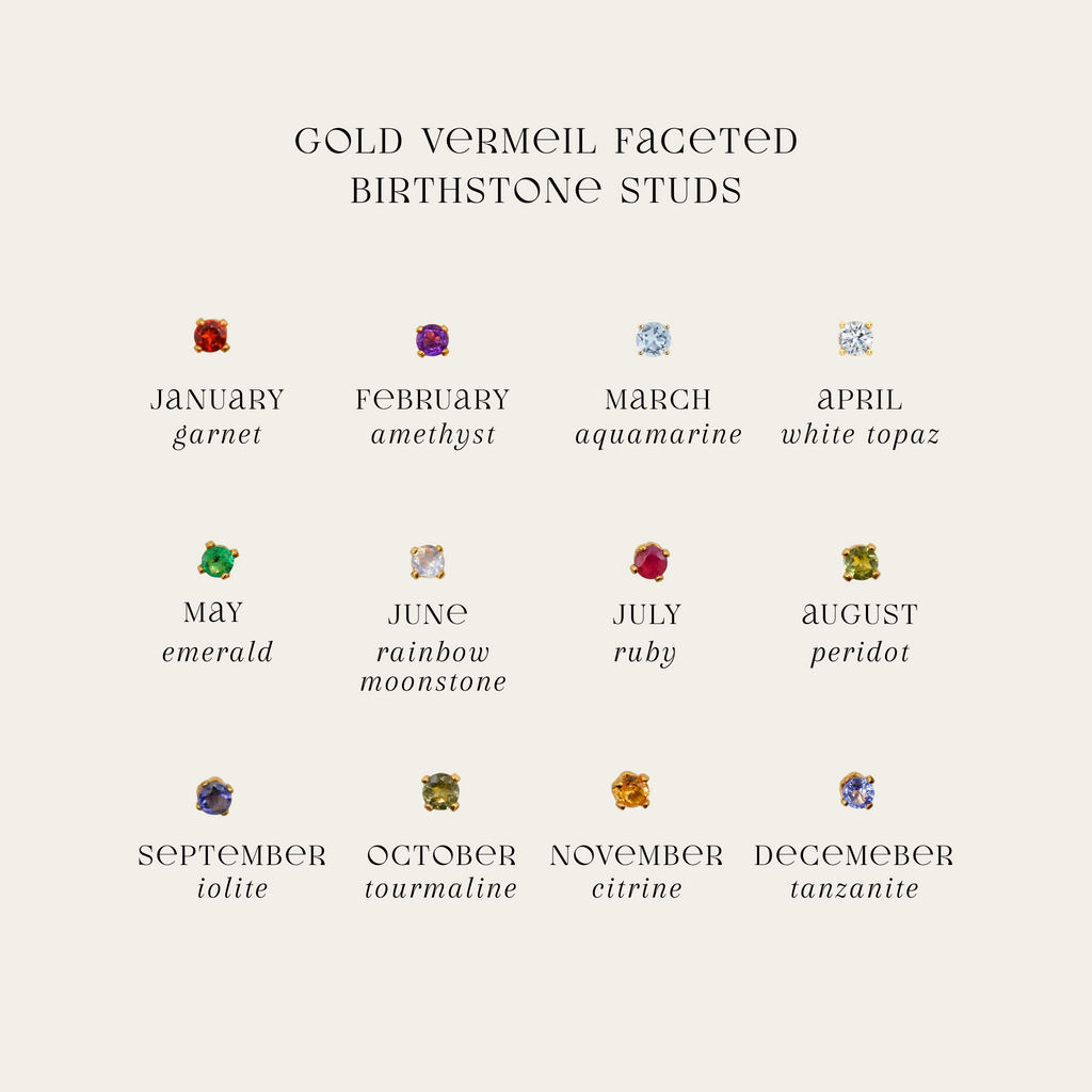 Gold vermeil faceted birthstone studs with gemstones for each month on a white background.