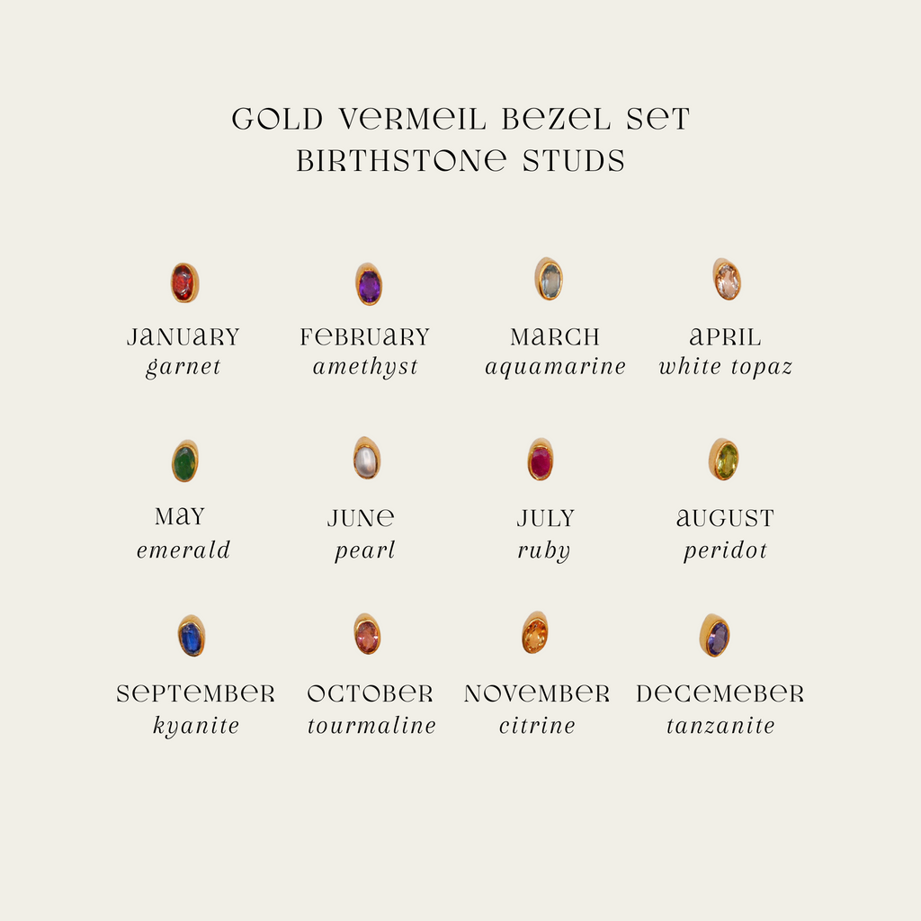 Gold vermeil bezel set birthstone studs with corresponding months and gemstones on a white background.