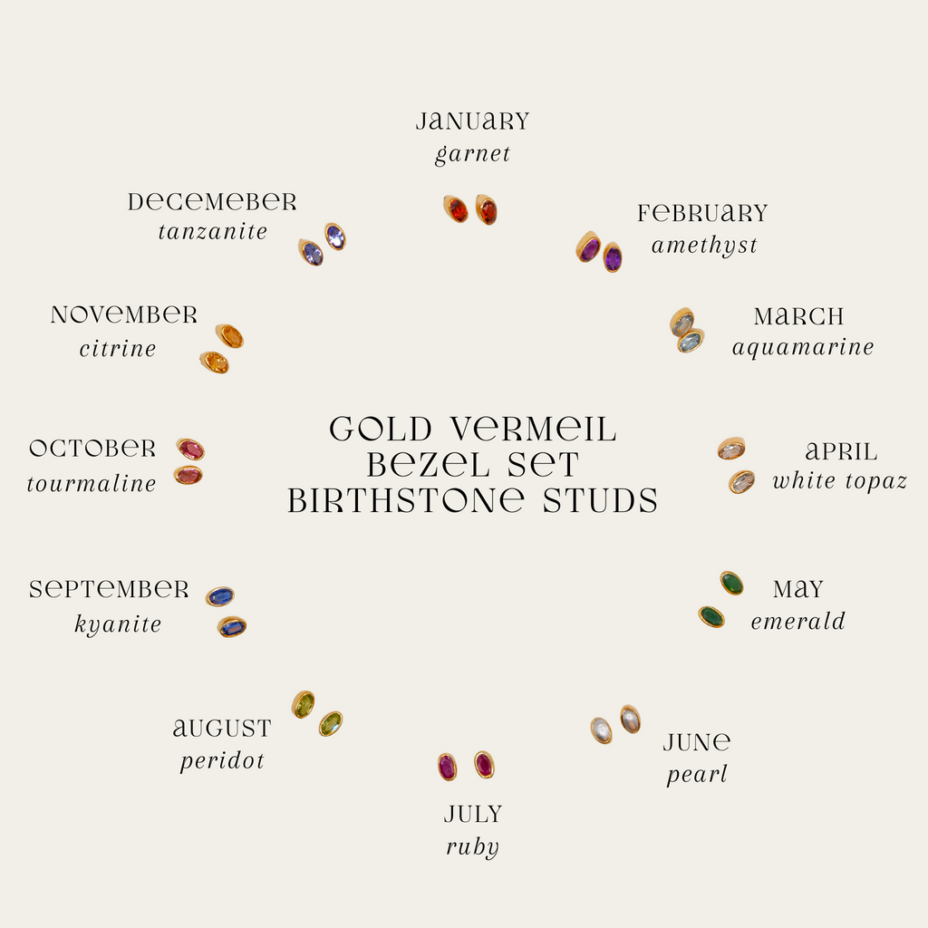 Diagram of gold vermeil bezel set birthstone studs with corresponding months and gemstones on a light gray background.