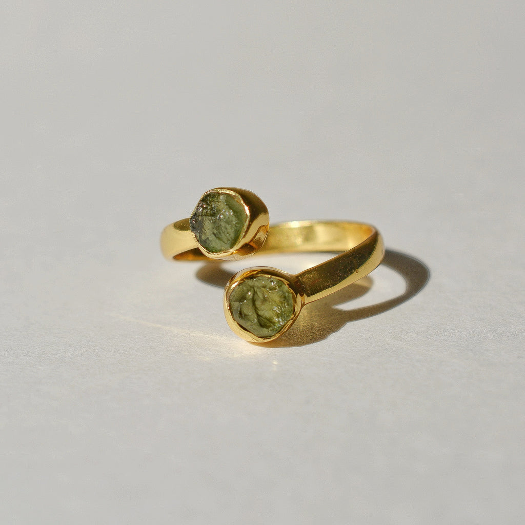 Double Moldavite Bypass Ring - Gold Vermeil