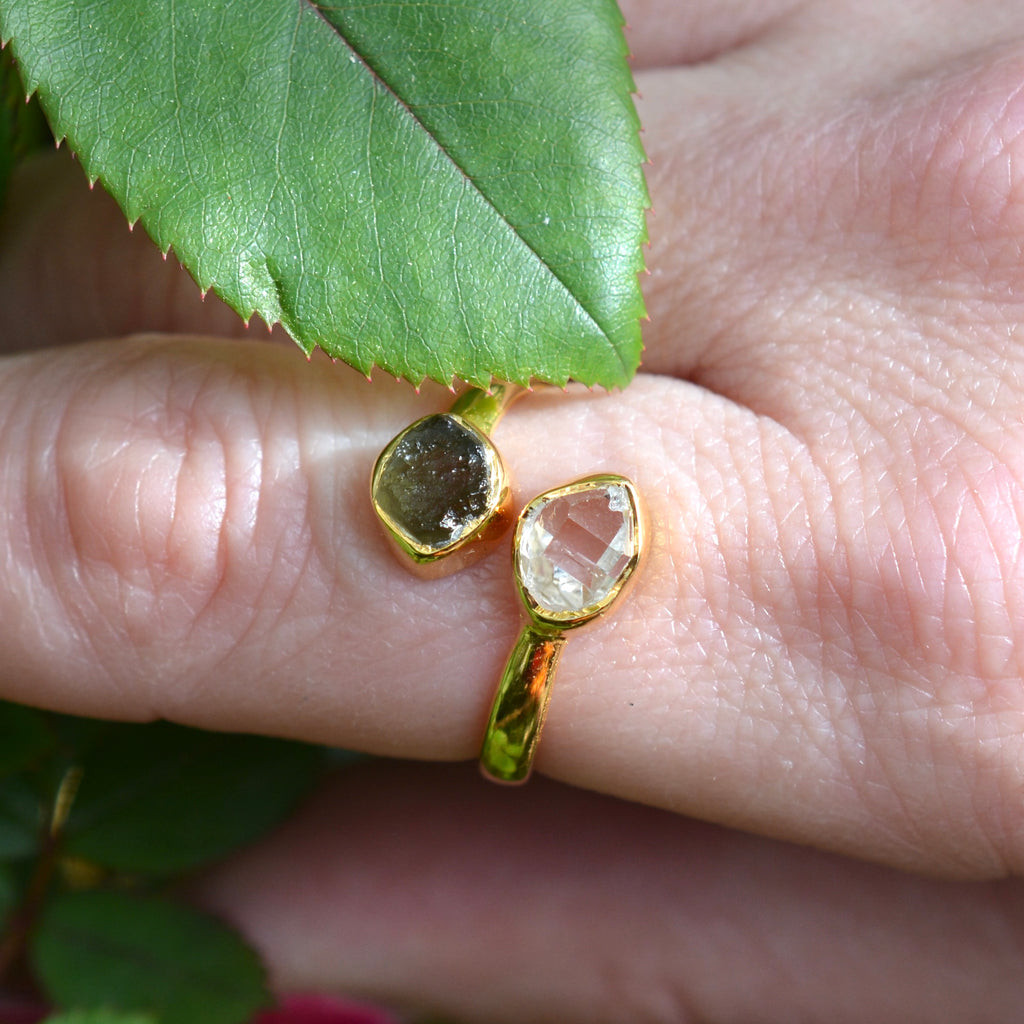 Moldavite & Herkimer Diamond Bypass Ring - Gold