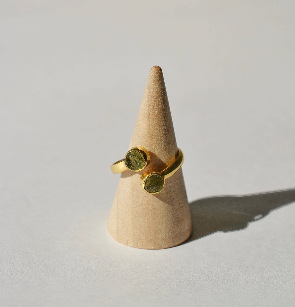 Double Moldavite Bypass Ring - Gold Vermeil