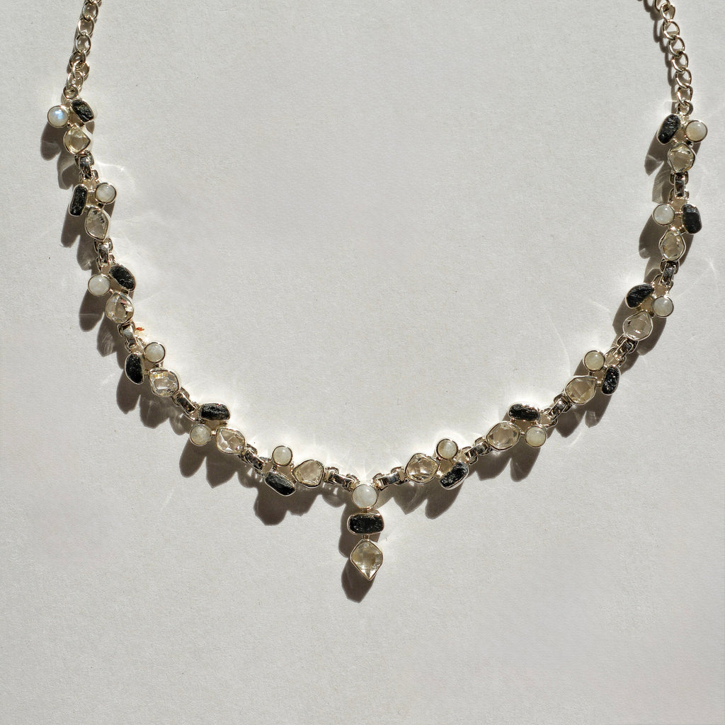 Luminous Stations Necklace - Herkimer Diamond, Rainbow Moonstone, and Black Tourmaline