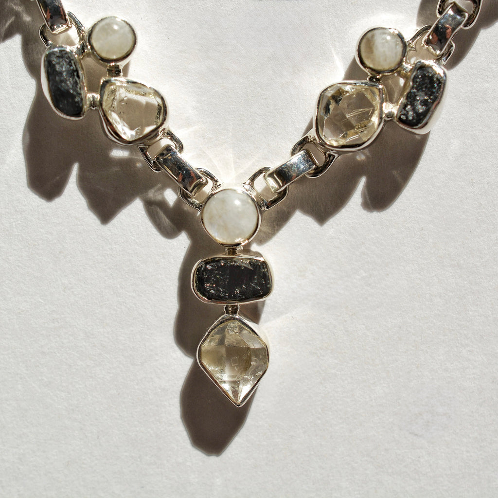 Luminous Stations Necklace - Herkimer Diamond, Rainbow Moonstone, and Black Tourmaline