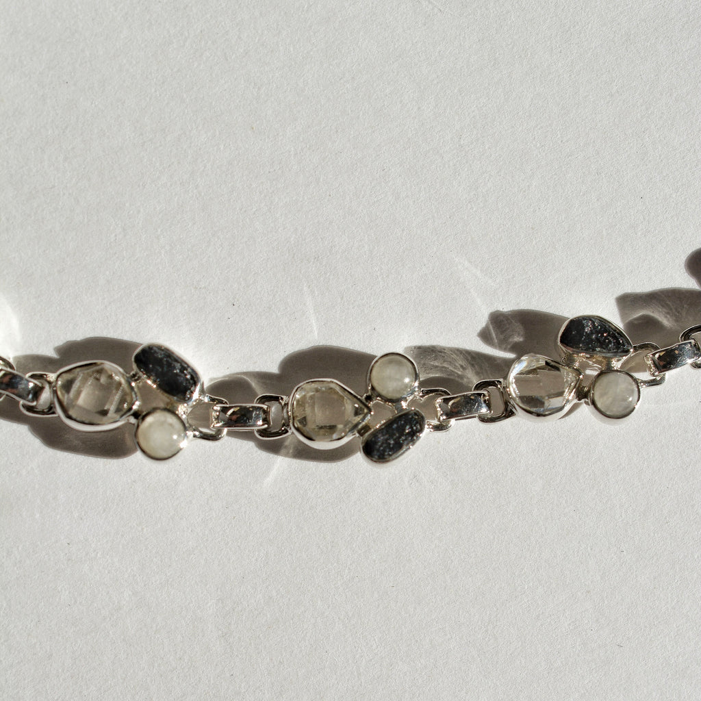 Luminous Stations Necklace - Herkimer Diamond, Rainbow Moonstone, and Black Tourmaline