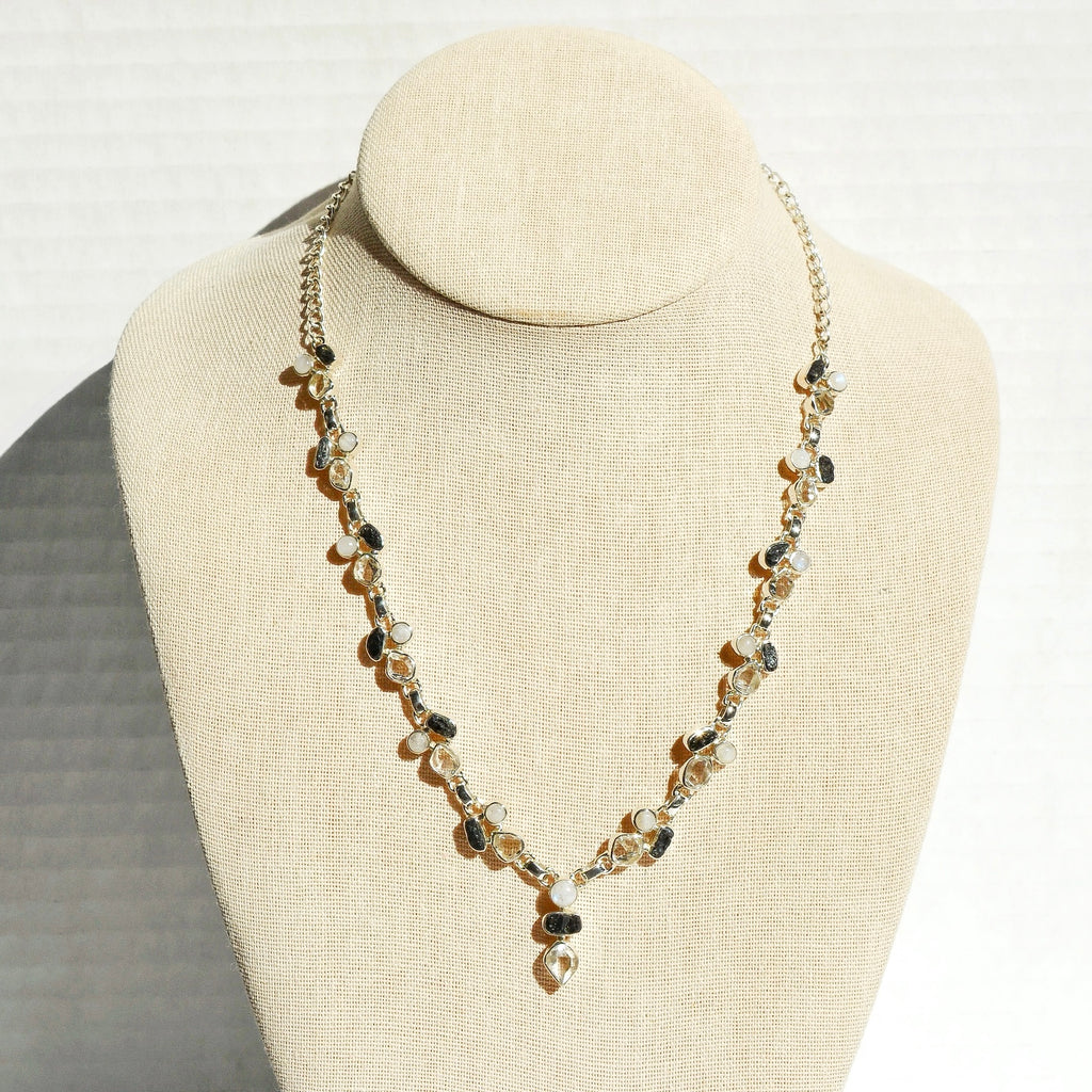 Luminous Stations Necklace - Herkimer Diamond, Rainbow Moonstone, and Black Tourmaline