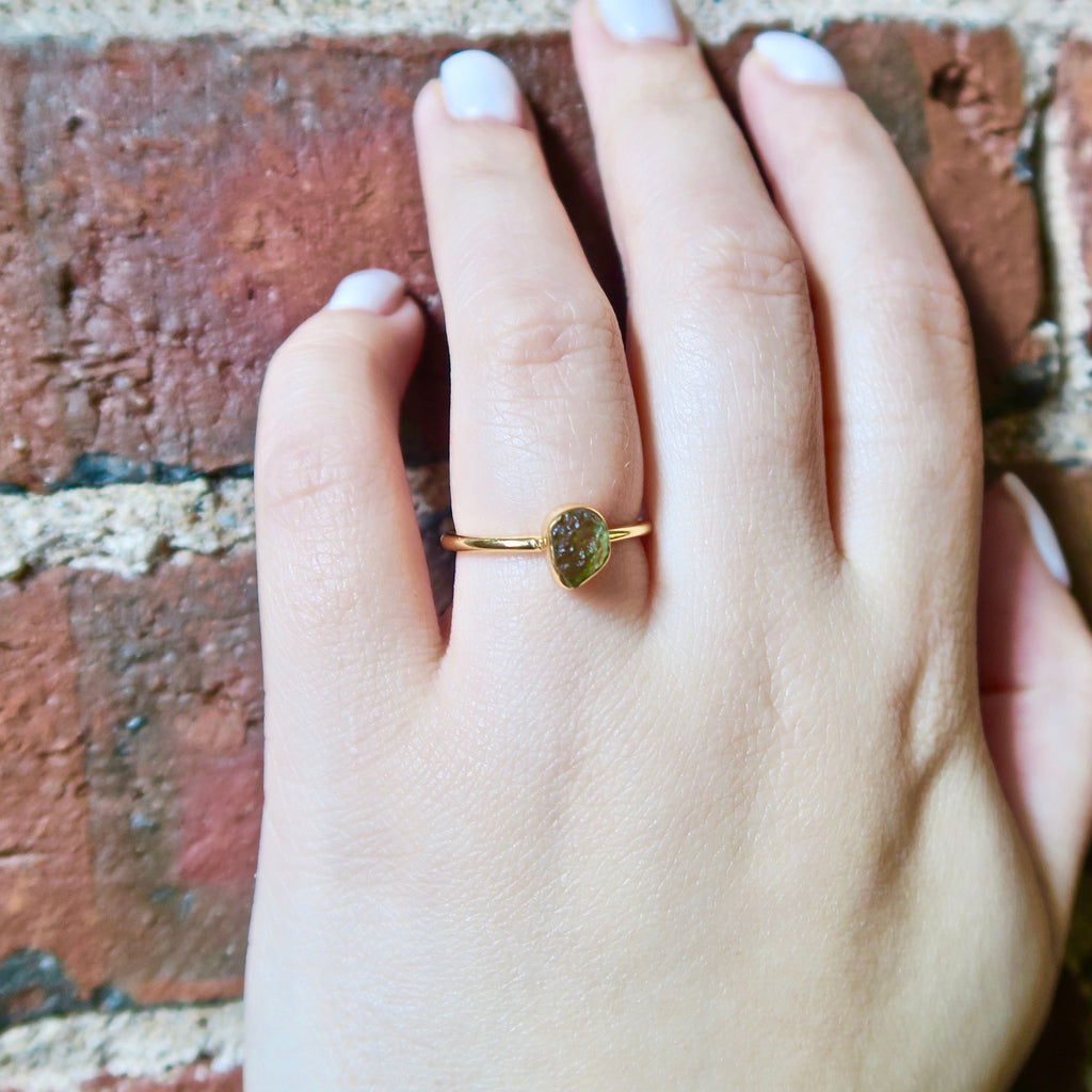 Dainty Bezel Set Rough Cut Moldavite Ring - Vermeil Gold