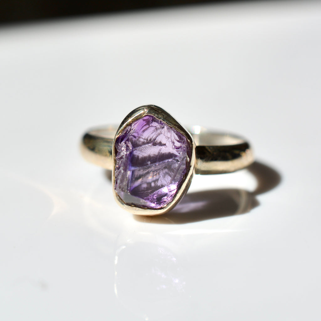 Large Bezel Set Rough Cut Amethyst Ring