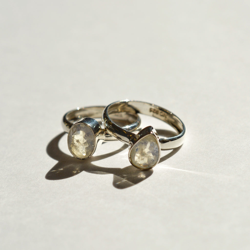 Large Bezel Set Faceted Rainbow Moonstone Ring