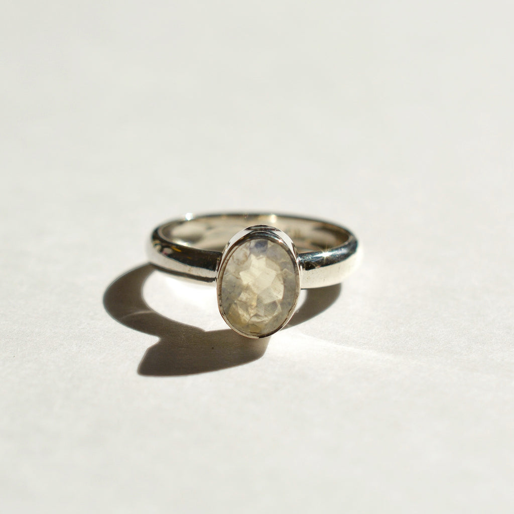 Large Bezel Set Faceted Rainbow Moonstone Ring